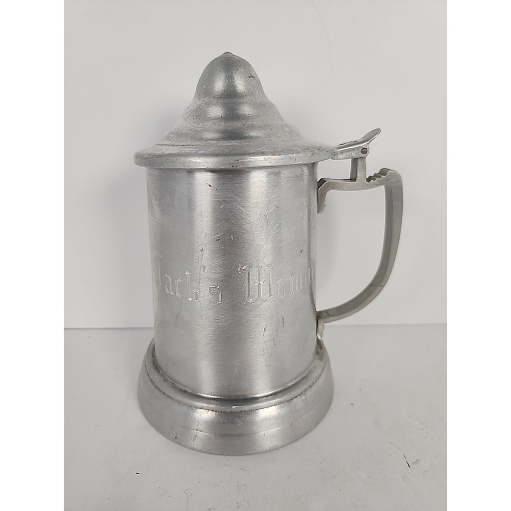Vintage Apex Quality Aluminum Beer Stein Glass Bottom Lidded Tankard Engraved